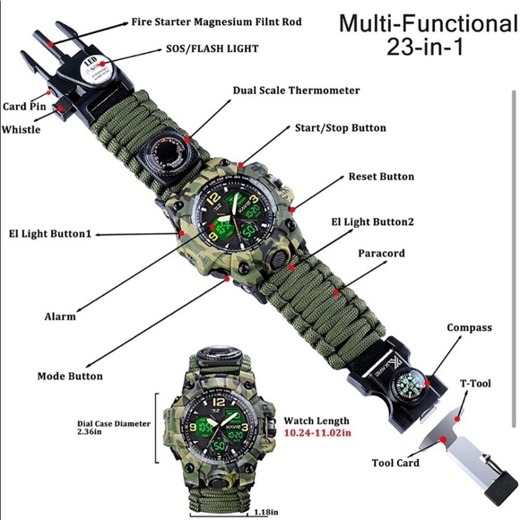 23-in-1 Survival Military Digital Watch, Mens Tactical Multi-Functional *NEW* - Picture 5 of 7
